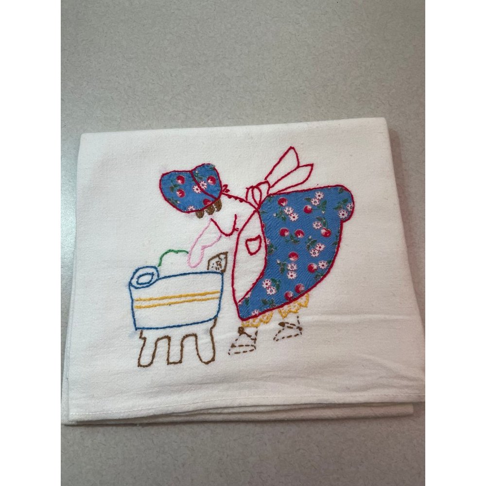 Vintage Primitive Hand Embroidered Appliqued Flour Sack Kitchen Dish Towel Girl